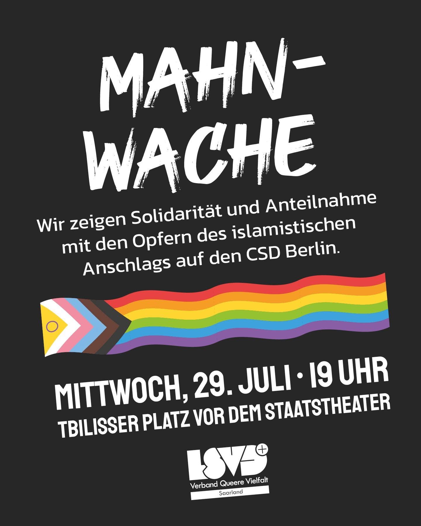 Ankündigung der Mahnwache für die Opfer des Anschlags auf den CSD in Berlin